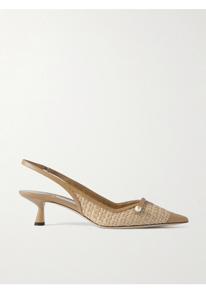 Jimmy Choo - Amita 45 Faux Pearl-embellished Leather-trimmed Raffia Slingback Pumps - Brown - IT36,IT36.5,IT37,IT37.5,IT38,IT38.5,IT39,IT39.5,IT40,IT40.5,IT41,IT41.5,IT42
