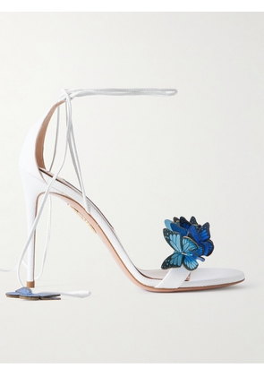 Aquazzura - Papillon 105 Leather-trimmed Appliquéd Raffia Sandals - Blue - IT36,IT36.5,IT37,IT37.5,IT38,IT38.5,IT39,IT39.5,IT40,IT40.5,IT41,IT41.5,IT42