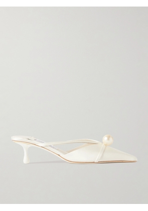 Jimmy Choo - Sana 50 Faux Pearl-embellished Satin Mules - Ivory - IT35,IT36,IT36.5,IT37,IT37.5,IT38,IT38.5,IT39,IT39.5,IT40,IT40.5,IT41,IT41.5,IT42