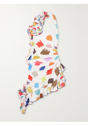 HALPERN - Asymmetric Ruffled Printed Crepe De Chine Mini Dress - White - FR 34,FR 36,FR 38,FR 40,FR 42