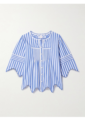 Loretta Caponi - Matilde Embroidered Scalloped Striped Cotton Shirt - Blue - x small,small,medium,large,x large