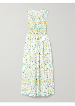 Loretta Caponi - Gioia Smocked Printed Cotton-voile Midi Dress - White - x small,small,medium,large,x large