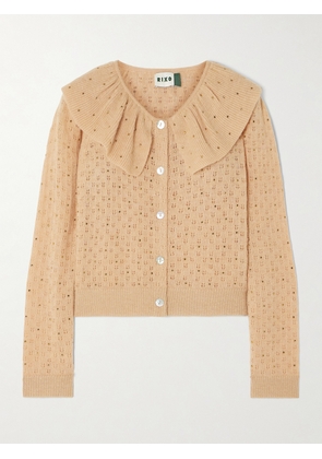 RIXO - Jelena Crystal-embellished Ruffled Pointelle-knit Cardigan - Neutrals - UK 6,UK 8,UK 10,UK 12,UK 14,UK 16,UK 18,UK 20