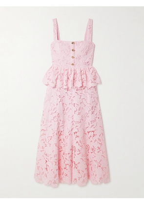 Self-Portrait - Guipure Lace Peplum Midi Dress - Pink - UK 4,UK 6,UK 8,UK 10,UK 12,UK 14,UK 16