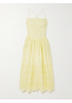 Self-Portrait - Drawstring Broderie Anglaise Cotton Midi Dress - Yellow - UK 4,UK 6,UK 8,UK 10,UK 12,UK 14,UK 16