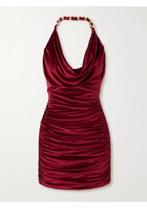 Balmain - Chain-embellished Draped Velvet Mini Dress - Burgundy - x small,small,medium,large,x large