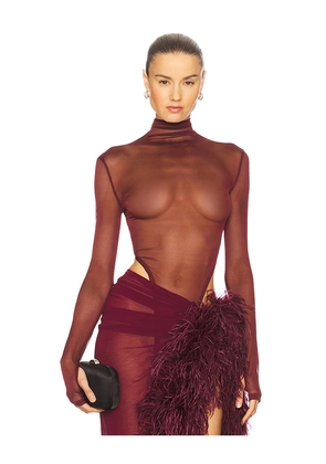 Bronx and Banco Gaia Mesh Long Sleeve Bodysuit in Burgundy. Size L. Also in M, S, XS.