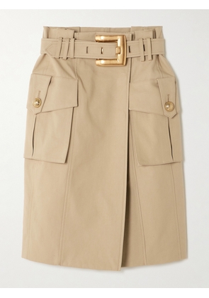 Balmain - Belted Wrap-effect Button-embellished Cotton-gabardine Skirt - Neutrals - FR 34,FR 36,FR 38,FR 40,FR 42,FR 44
