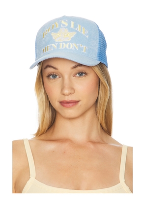 Boys Lie Men Don't Trucker Hat in Baby Blue.