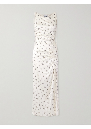 GANNI - Gathered Tie-detailed Floral-print Satin Midi Dress - Cream - EU 34,EU 36,EU 38,EU 40,EU 42,EU 44