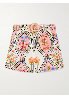 Borgo de Nor - Gwen Belted Printed Broderie Anglaise Cotton Shorts - Pink - UK 4,UK 6,UK 8,UK 10,UK 12,UK 14,UK 16