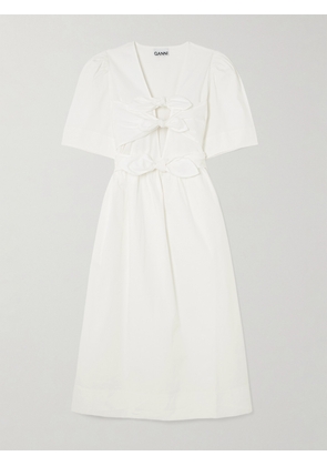 GANNI - Belted Tie-detailed Gathered Cotton-blend Poplin Midi Dress - White - EU 32,EU 34,EU 36,EU 38,EU 40,EU 42,EU 44