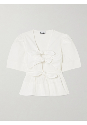 GANNI - Belted Tie-detailed Gathered Cotton-blend Poplin Blouse - White - EU 32,EU 34,EU 36,EU 38,EU 40,EU 42,EU 44