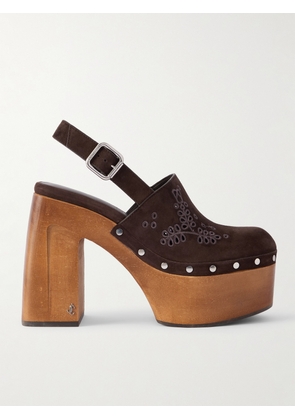 Jimmy Choo - Alida 135 Embroidered Studded Suede Platform Clogs - Brown - IT36.5,IT37,IT37.5,IT38,IT38.5,IT39,IT39.5,IT40.5,IT41,IT41.5,IT42