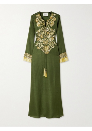 Shatha Essa - Fringed Embellished Embroidered Silk-blend Gown - Green - small,medium,large,x large