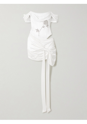 Clio Peppiatt - Paloma Convertible Draped Embellished Satin Mini Dress - Ivory - x small,small,medium,large,x large