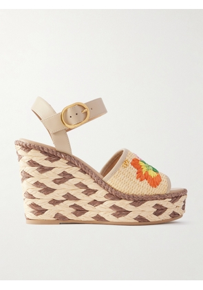 Valentino Garavani - Leather And Floral-embroidered Raffia Wedge Espadrilles - Neutrals - IT35,IT36,IT37,IT38,IT39,IT40,IT41,IT42