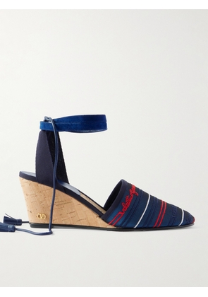 Valentino Garavani - La Cruisette 75 Tasseled Embroidered Canvas Wedge Sandals - Blue - IT35,IT36,IT37,IT38,IT39,IT40,IT41