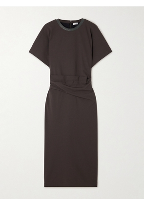 Brunello Cucinelli - Embellished Draped Virgin Wool-blend Midi Dress - Brown - xx small,x small,small,medium,large,x large