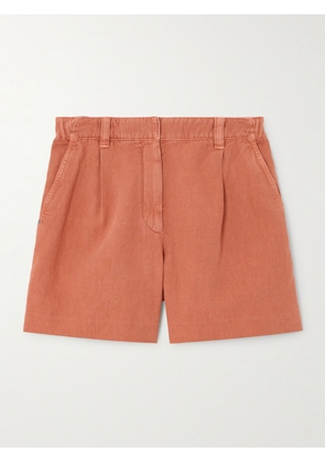 Brunello Cucinelli - Bead-embellished Pleated Cotton And Linen-blend Twill Shorts - Orange - IT36,IT38,IT40,IT42,IT44,IT46,IT48