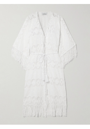 Miguelina - Naida Belted Fringed Embroidered Cotton-voile And Lace Coverup - White - One size
