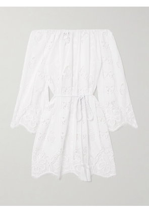 Miguelina - Brigette Off-the Shoulder Belted Lace-trimmed Embroidered Cotton-voile Mini Dress - White - x small,small,medium,large