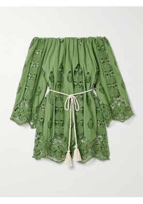 Miguelina - Brigette Off-the Shoulder Belted Lace-trimmed Embroidered Cotton-voile Mini Dress - Green - x small,small,medium,large