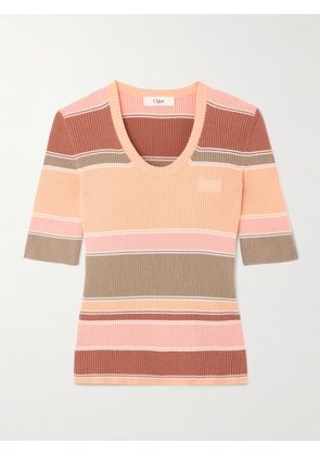 Chloé - Embroidered Striped Ribbed Cotton Sweater - Pink - x small,small,medium,large,x large