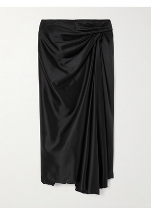 Balenciaga - Asymmetric Frayed Gathered Draped Satin Midi Skirt - Black - FR 36,FR 38