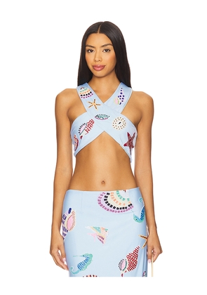 Oceanus KShell Hand Beaded Top in Blue. Size L. Also in M, S, XS.