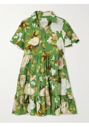 Erdem - Gathered Tiered Floral-print Cotton-poplin Mini Shirt Dress - Green - UK 4,UK 6,UK 8,UK 10,UK 12,UK 14,UK 16,UK 18,UK 20,UK 22