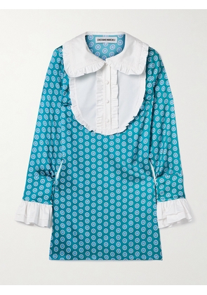 Cristiano Marcheli - Vittoria Ruffled Cotton-trimmed Printed Silk-blend Satin Mini Dress - Blue - x small,small,medium,large,x large