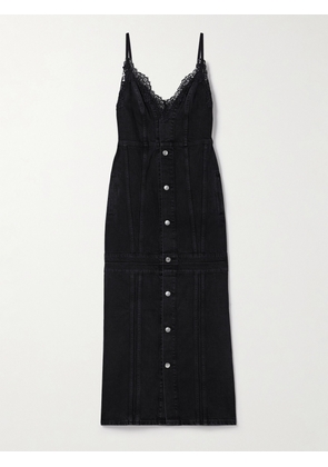 Stella McCartney - Lace-trimmed Paneled Organic Denim Midi Dress - Black - xx small,x small,small,medium,large,x large