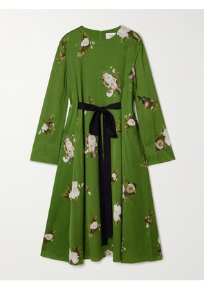 Erdem - Bow-detailed Floral-print Plissé-satin Midi Dress - Green - UK 4,UK 6,UK 8,UK 10,UK 12,UK 14,UK 16,UK 18,UK 20,UK 22