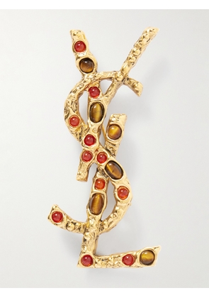 SAINT LAURENT - Cassandre Gold-tone Tiger's Eye And Sunstone Brooch - One size