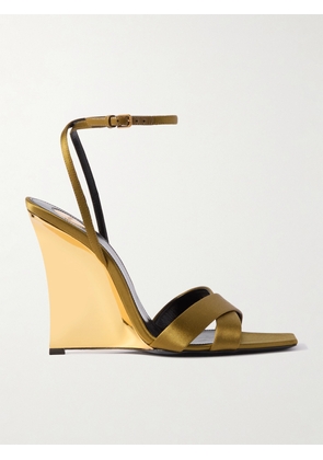 SAINT LAURENT - Lucienne Leather-trimmed Satin Wedge Sandals - Gold - EU 36,EU 37,EU 38,EU 39,EU 40,EU 41