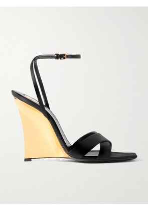 SAINT LAURENT - Lucienne Leather-trimmed Satin Wedge Mules - Black - EU 36,EU 37,EU 38,EU 39,EU 40,EU 41
