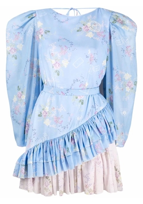 Ulyana Sergeenko floral-print two-tone mini dress - Blue