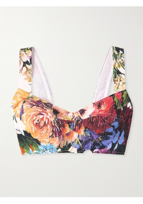 Dolce & Gabbana - Cropped Poplin-trimmed Floral-print Crepon Bustier Top - White - IT36,IT38,IT40,IT42,IT44,IT46,IT48,IT50