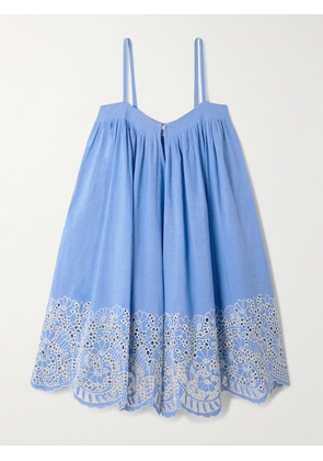 Thierry Colson - Zenobia Pleated Broderie Anglaise Linen And Cotton-blend Mini Dress - Blue - x small,small,medium,large,x large