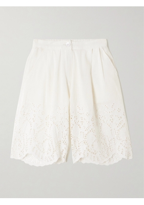 Thierry Colson - Scalloped Pleated Broderie Anglaise Linen And Cotton-blend Shorts - Off-white - x small,small,medium,large,x large