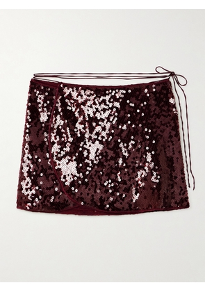 Oséree - Marylin Sequined Tulle Wrap Mini Skirt - Burgundy - S/M,M/L