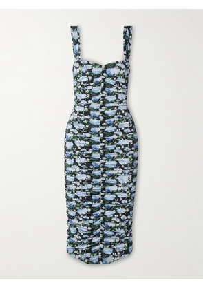 Carolina Herrera - Ruched Floral-print Stretch-jersey Midi Dress - Blue - XXS,XS,S,M,L,XL