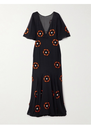 BODE - Zoetrope Appliquéd Silk-chiffon Maxi Dress - Black - US0,US2,US4,US6,US8