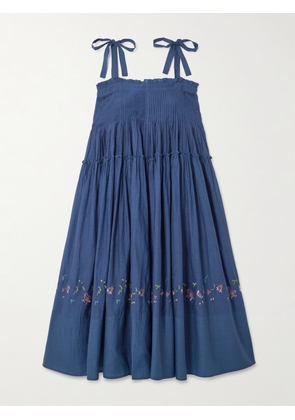 Eka - Riley Pintucked Tiered Embroidered Cotton And Silk-blend Midi Dress - Blue - x small,small,medium,large,x large