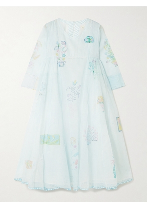 Eka - Heather Pintucked Printed Cotton Kota Doriya Midi Dress - Blue - x small,small,medium,large,x large