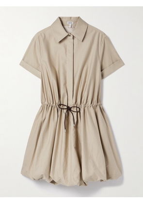 LOEWE - Leather-trimmed Gathered Cotton And Silk-blend Poplin Mini Shirt Dress - Neutrals - FR 34,FR 36,FR 38,FR 40,FR 42,FR 44