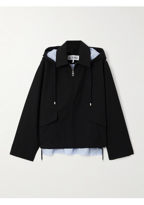 LOEWE - Hooded Striped Poplin-paneled Embroidered Cotton-twill Jacket - Black - FR 34,FR 36,FR 38,FR 40,FR 42,FR 44