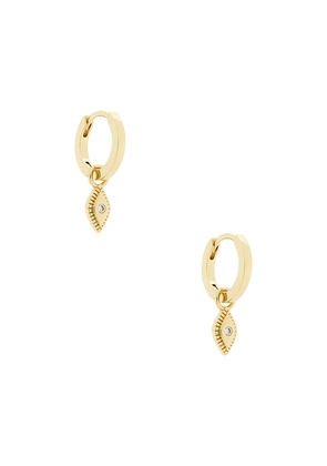 By Adina Eden Evil Eye Drop Huggie Earring in Metallic Gold.