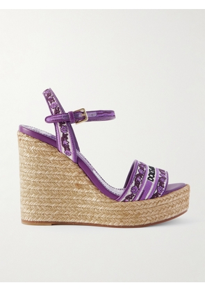 Dolce & Gabbana - Leather-trimmed Embroidered Canvas Platform Wedge Sandals - Purple - IT35,IT36,IT37,IT38,IT39,IT40,IT41